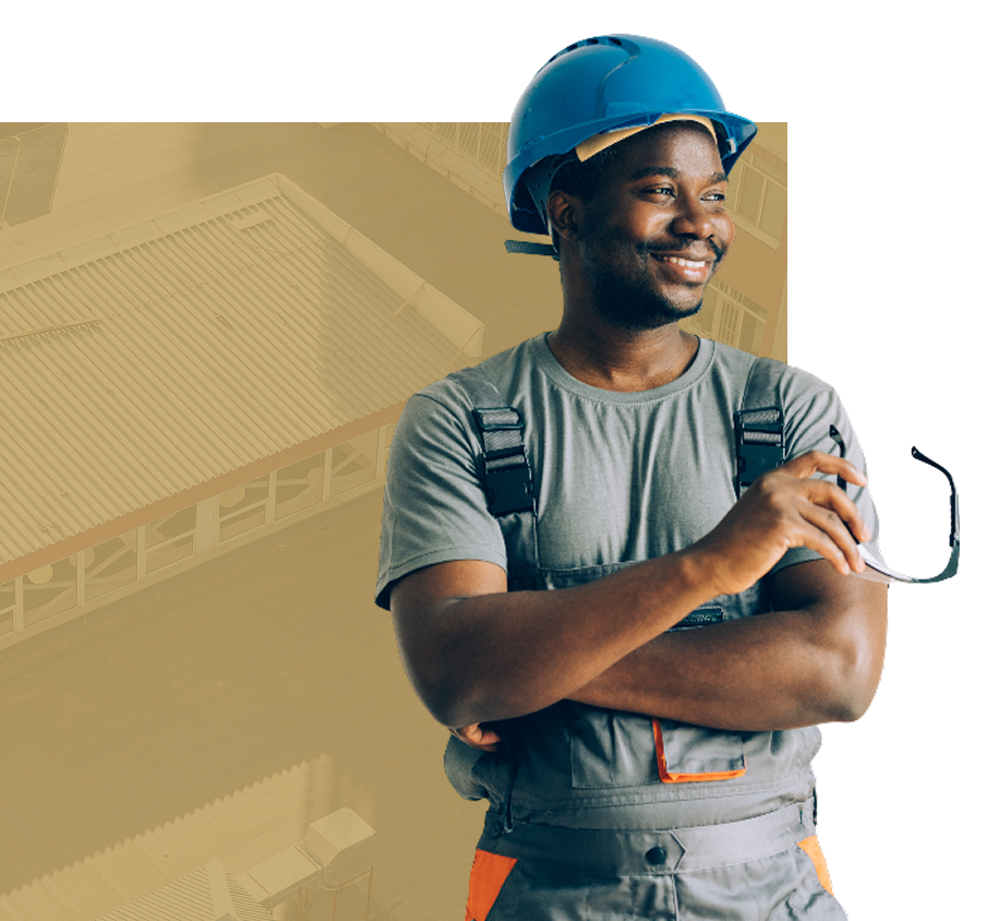 Engineer holding glasses, wearing a blue helmet.