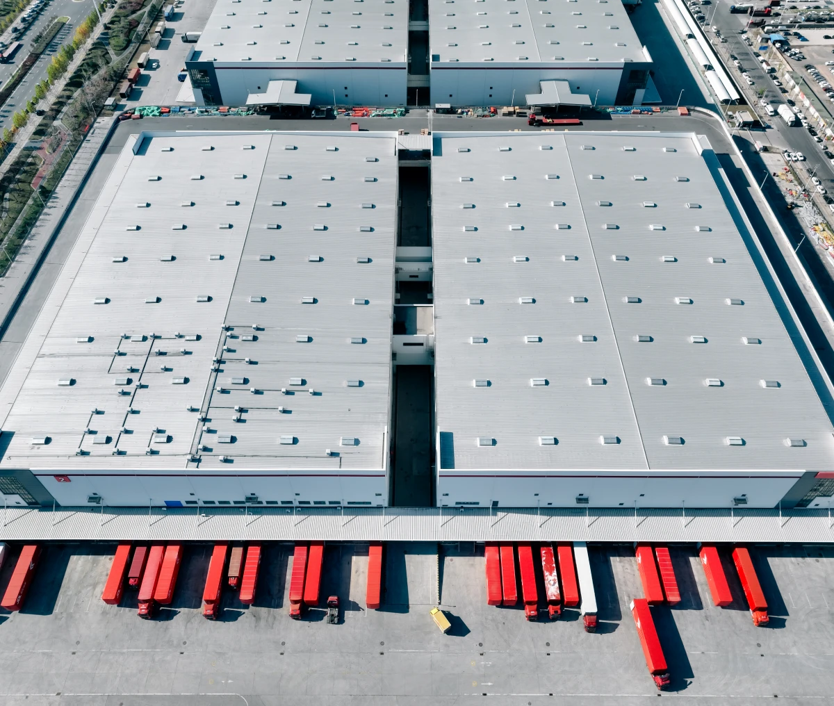 Aerial view of large warehouse facility